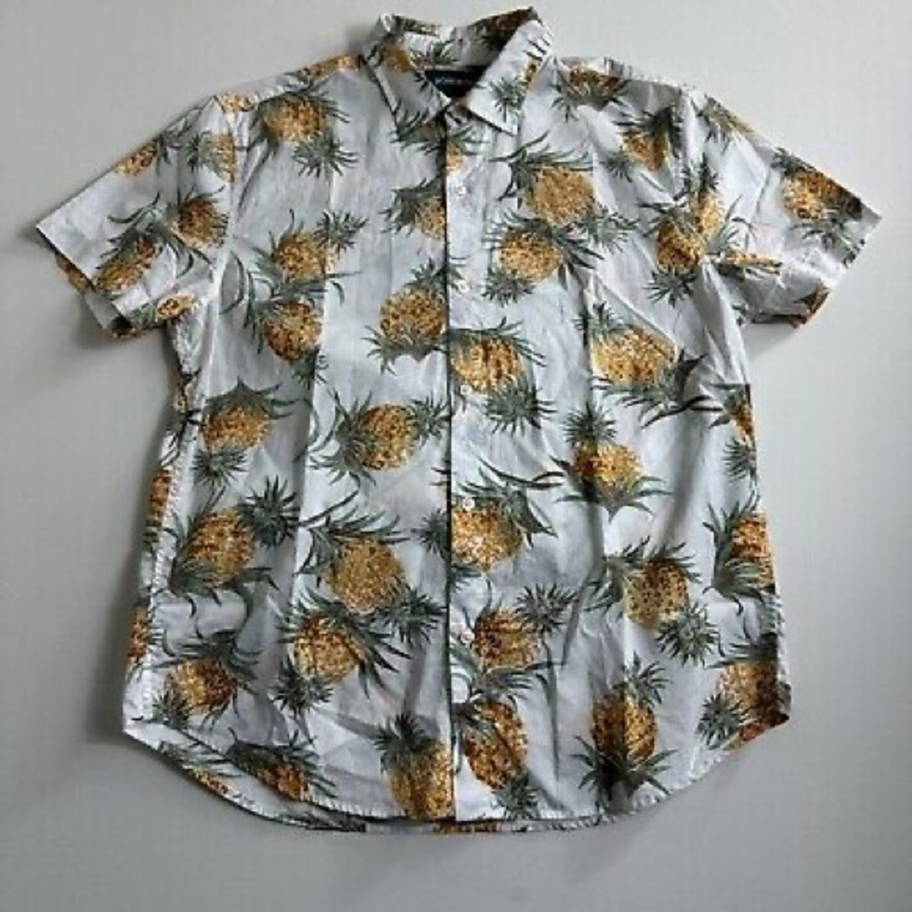 Bonobos White Short Sleeve Button-Down Shirt with Yellow Pineapple Print